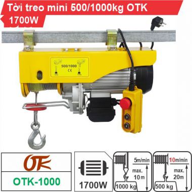 Tời điện mini OTK tải trọng 500kg/1000kg công suất 1700W sử dụng điện 220V bảo hành 6 tháng