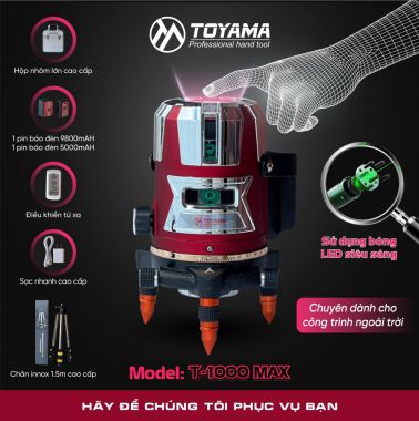 Máy cân mực laser 5 tia TOYAMA - T-1000 max sử dụng pin 3.7V máy chính hãng bảo hành 6 tháng