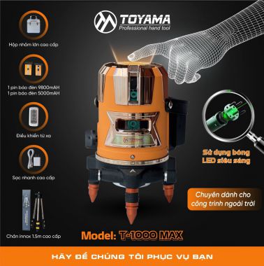 Máy cân mực laser 5 tia TOYAMA - T-1000 max sử dụng pin 3.7V máy chính hãng bảo hành 6 tháng